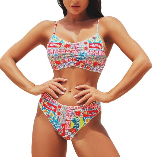New Bikini Cross-border European and American Foreign Trade Printed Pleated Lace Sexy Bikini Separates Swimsuit