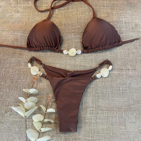 Swimsuit Bikini Three-Piece Halter E Drawstring Swimwear Solid Color - Image 3