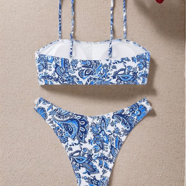 Bikini European and American Style Blue and White Porcelain Print Sexy Two-Piece Swimsuit for Women - Image 4