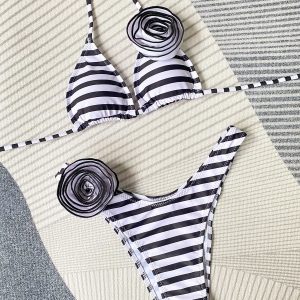 New Bikini  Striped Sexy Three-Dimensional Flower Separated Women's Swimsuit