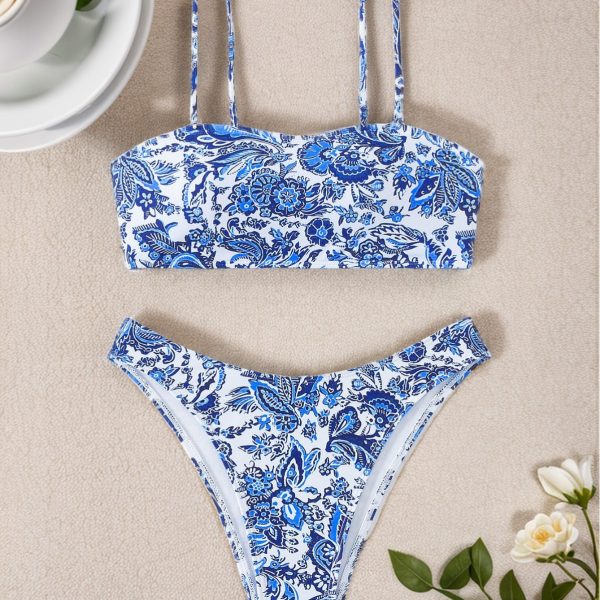Bikini European and American Style Blue and White Porcelain Print Sexy Two-Piece Swimsuit for Women - Image 3