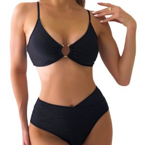 Solid Color Pleated High-Waist Sexy Bikini Two-Piece Swimsuit