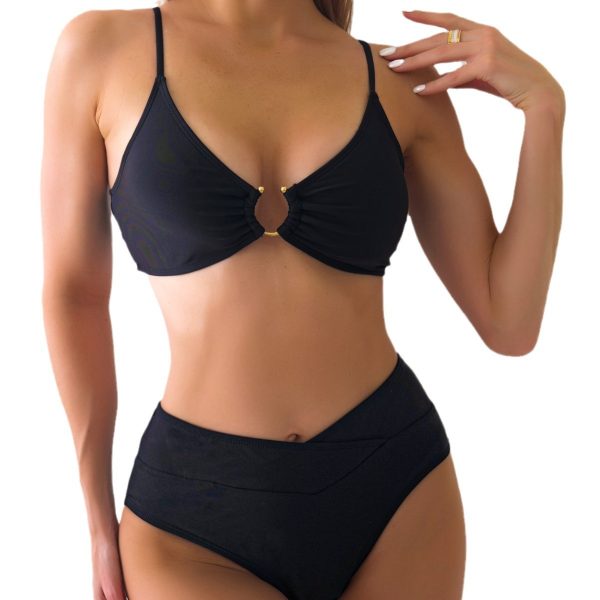 Solid Color Pleated High-Waist Sexy Bikini Two-Piece Swimsuit