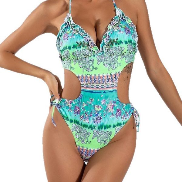 Bikini Sexy Backless Fitted Printed Swimsuit Tied One-Piece Ruffle Swimwear - Image 5