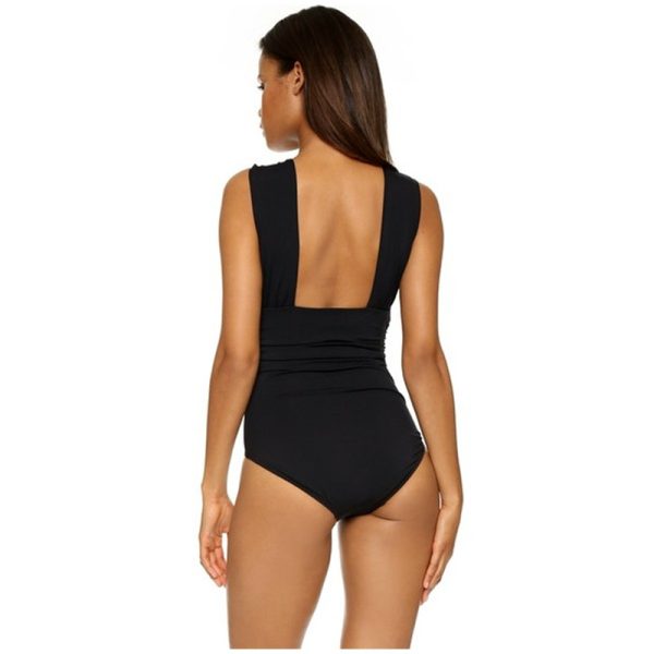 Sexy Deep V-Cross Tied One-Piece Swimsuit Solid Color Bikini - Image 3