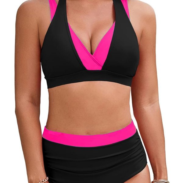 Color-blocked Halter High-waisted Sexy Bikini Two-piece Swimsuit for Women - Image 4