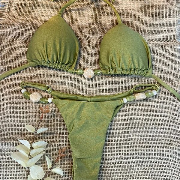 Swimsuit Bikini Three-Piece Halter E Drawstring Swimwear Solid Color - Image 2