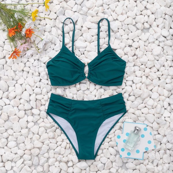 Solid Color Pleated High-Waist Sexy Bikini Two-Piece Swimsuit - Image 5