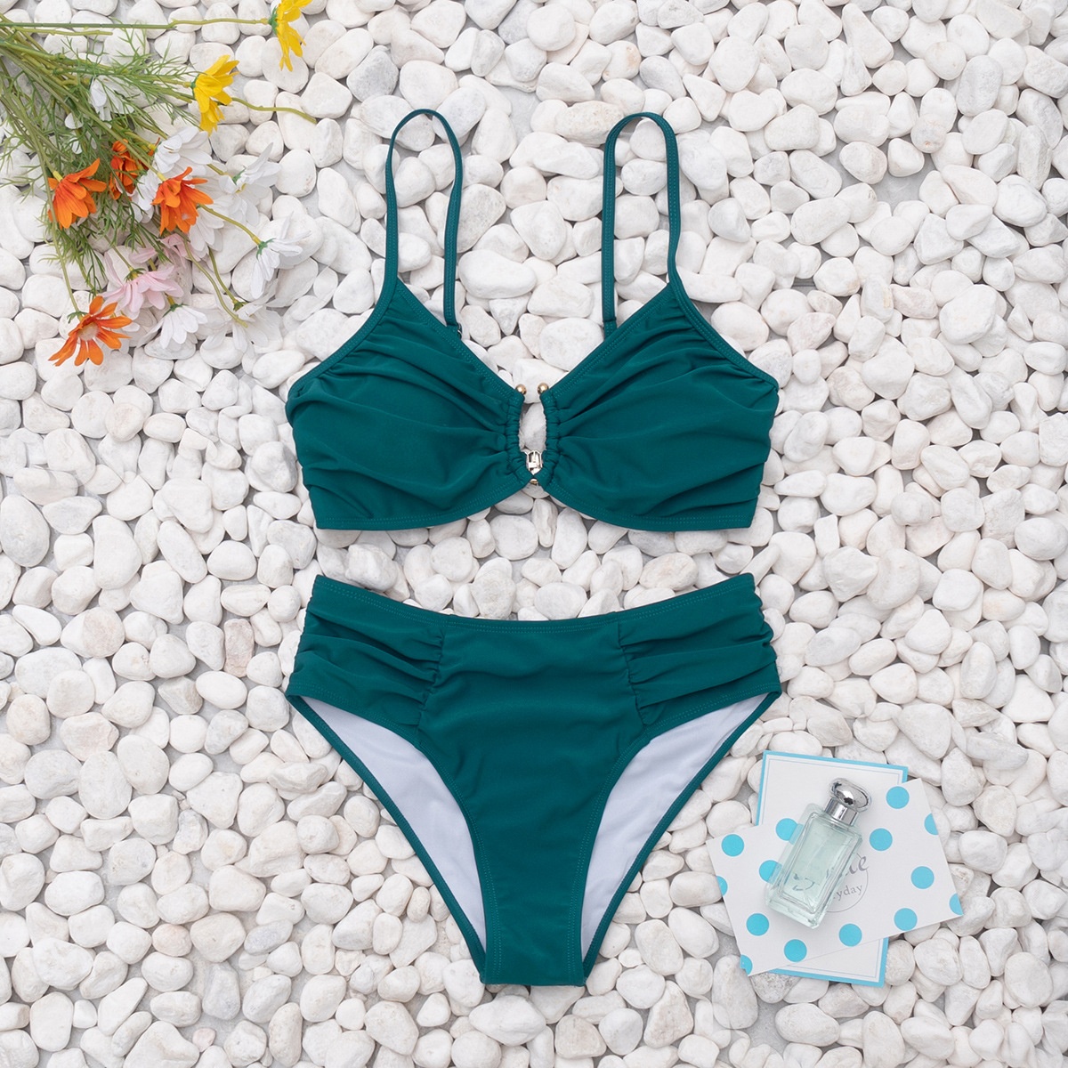 Solid Color Pleated High-Waist Sexy Bikini Two-Piece Swimsuit - Image 5