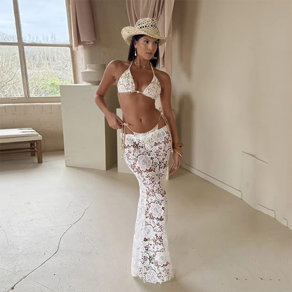 Lace Bikini Three-Piece Set Sexy White Swimsuit Mermaid Skirt Vacation Separates for Women - Image 4