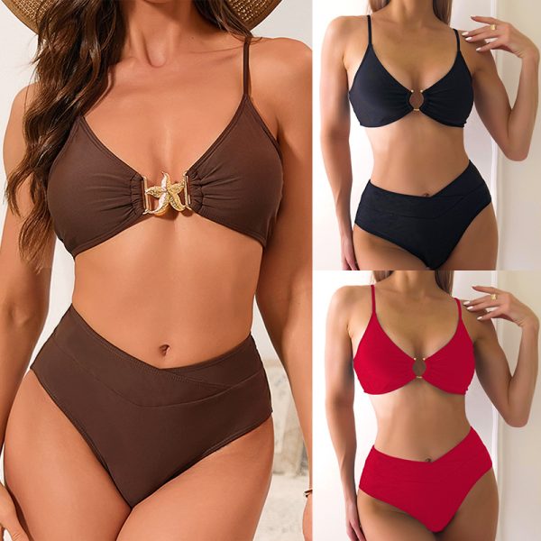 Solid Color Pleated High-Waist Sexy Bikini Two-Piece Swimsuit - Image 2