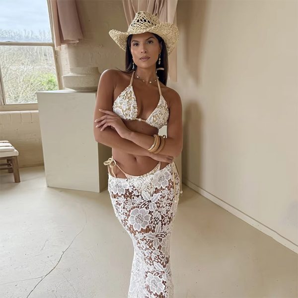 Lace Bikini Three-Piece Set Sexy White Swimsuit Mermaid Skirt Vacation Separates for Women - Image 2